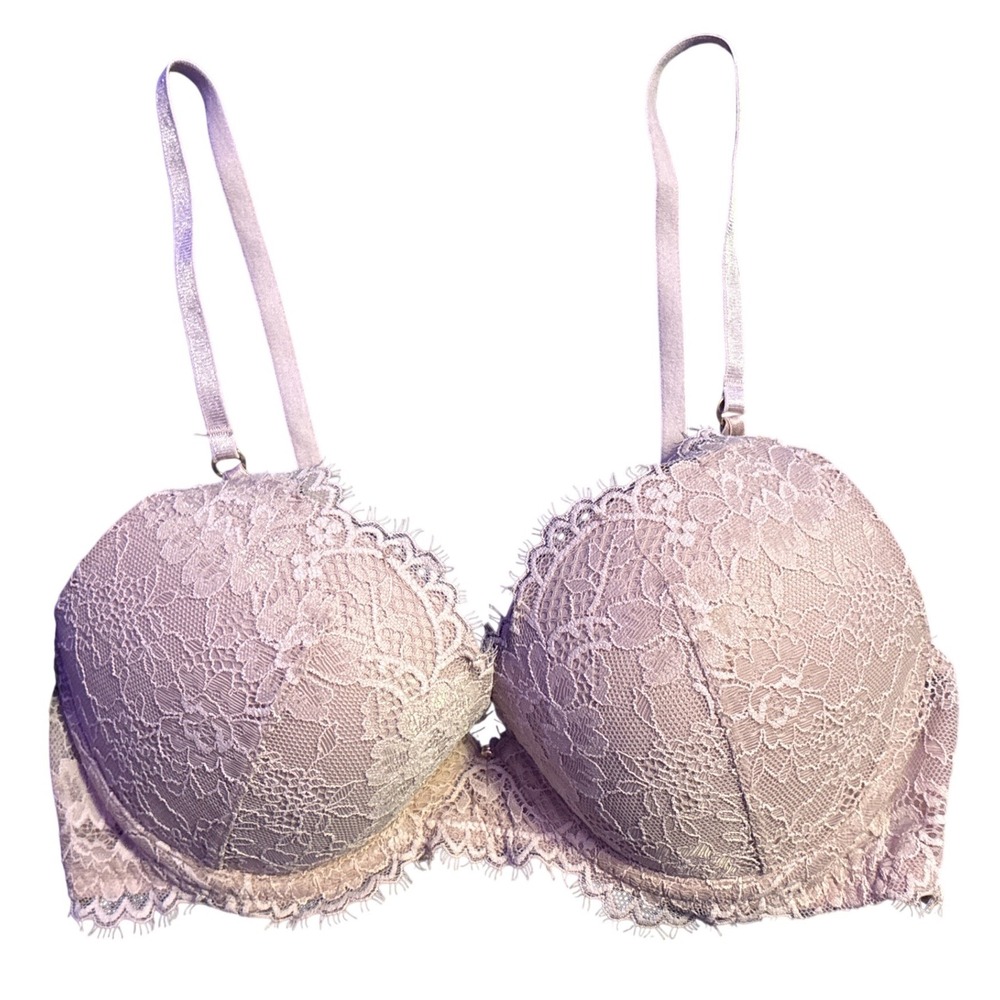 H&M Push Up Underwire Bra Blush Pink Lace Padded Plunge 34B